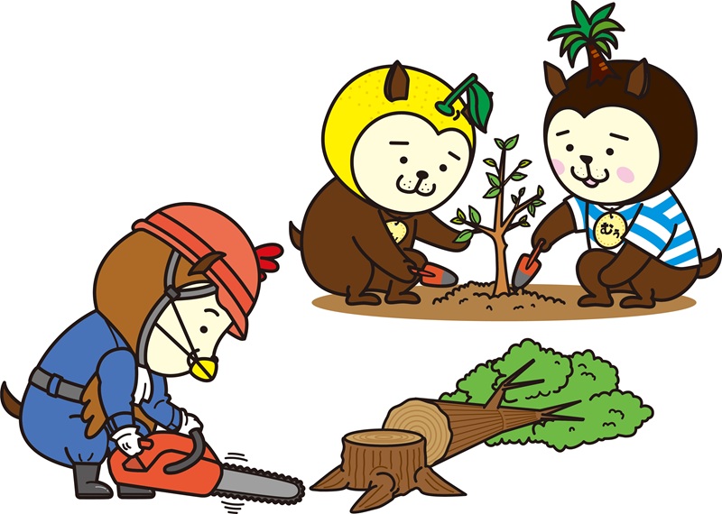 苗木を植えるみやざき犬